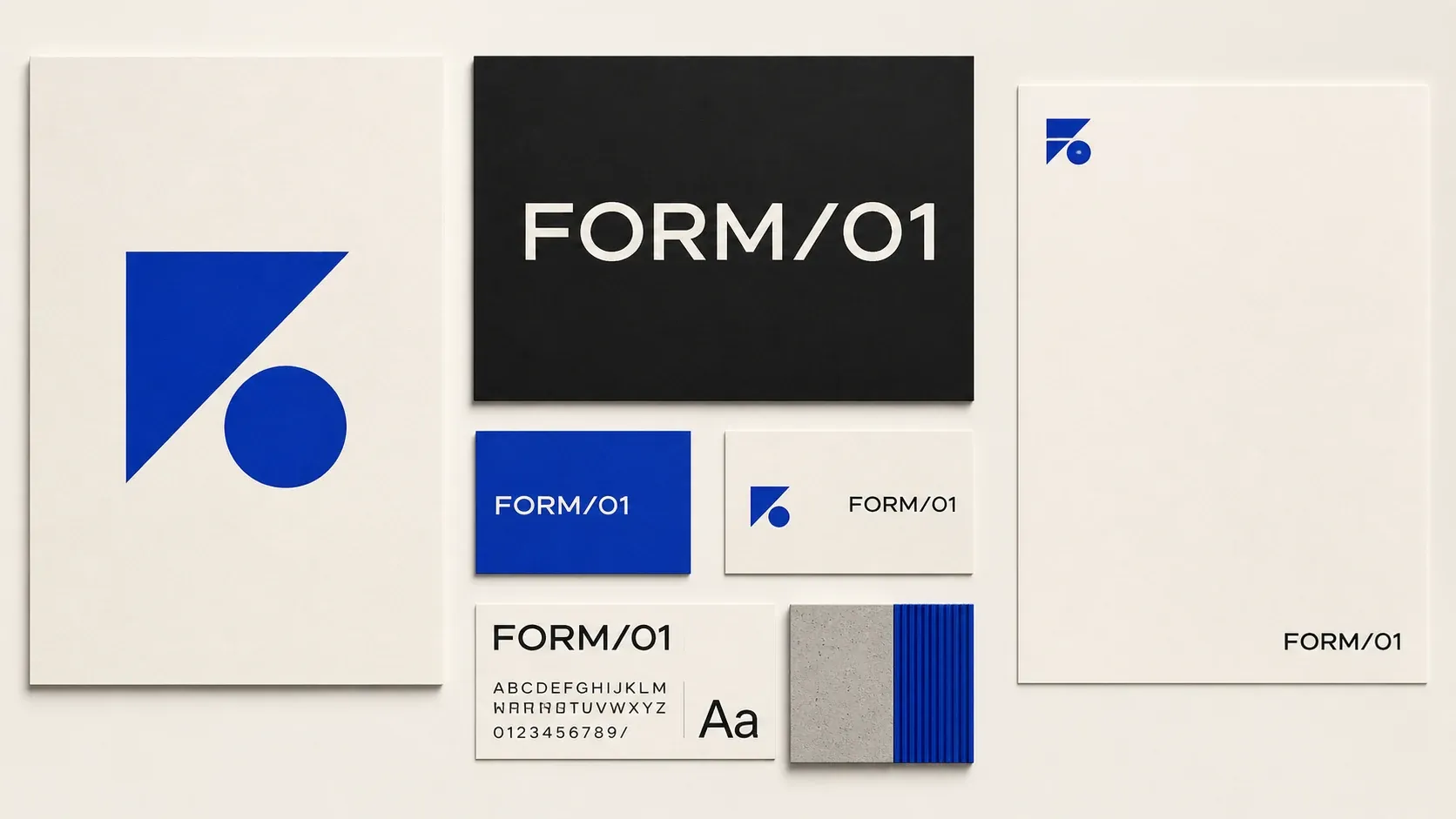 FORM/01 architecture studio identity system in cobalt, cream, and charcoal