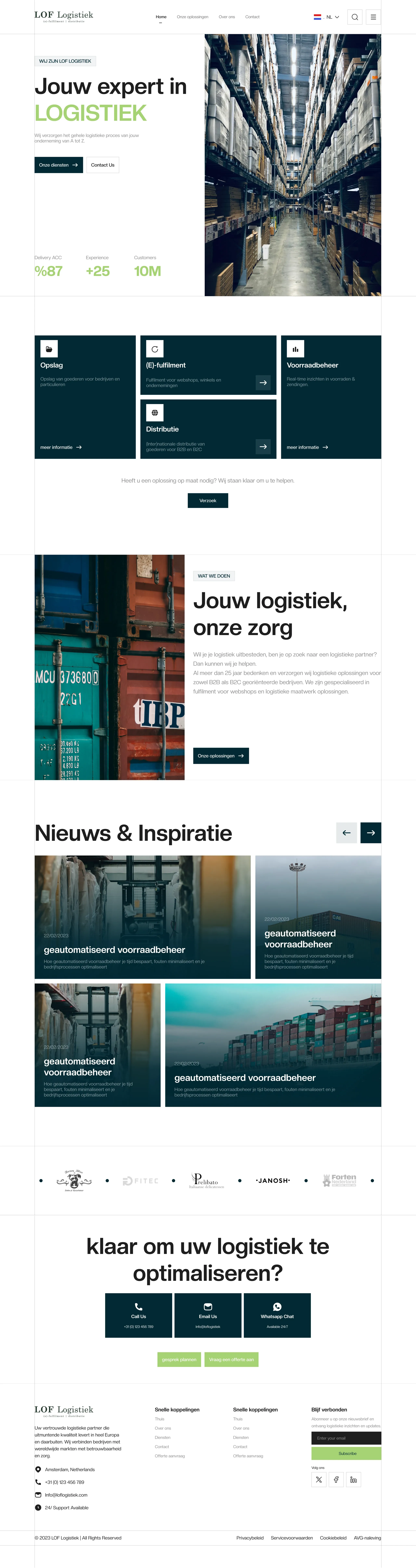 Complete LOF Logistiek website, from warehouse introduction through logistics services, news, contact options, and footer