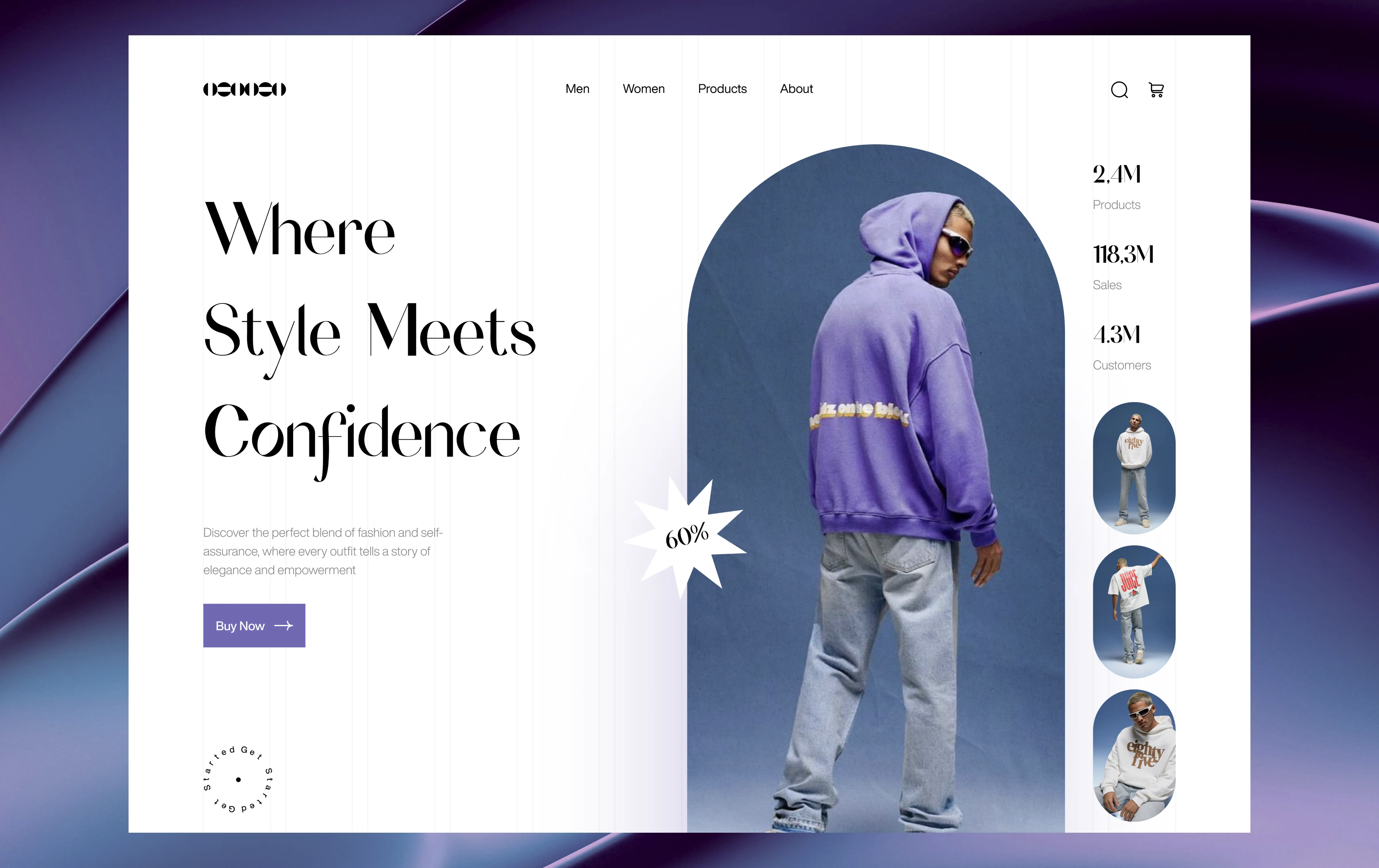 Style & Confidence fashion homepage with a purple hoodie and collection previews