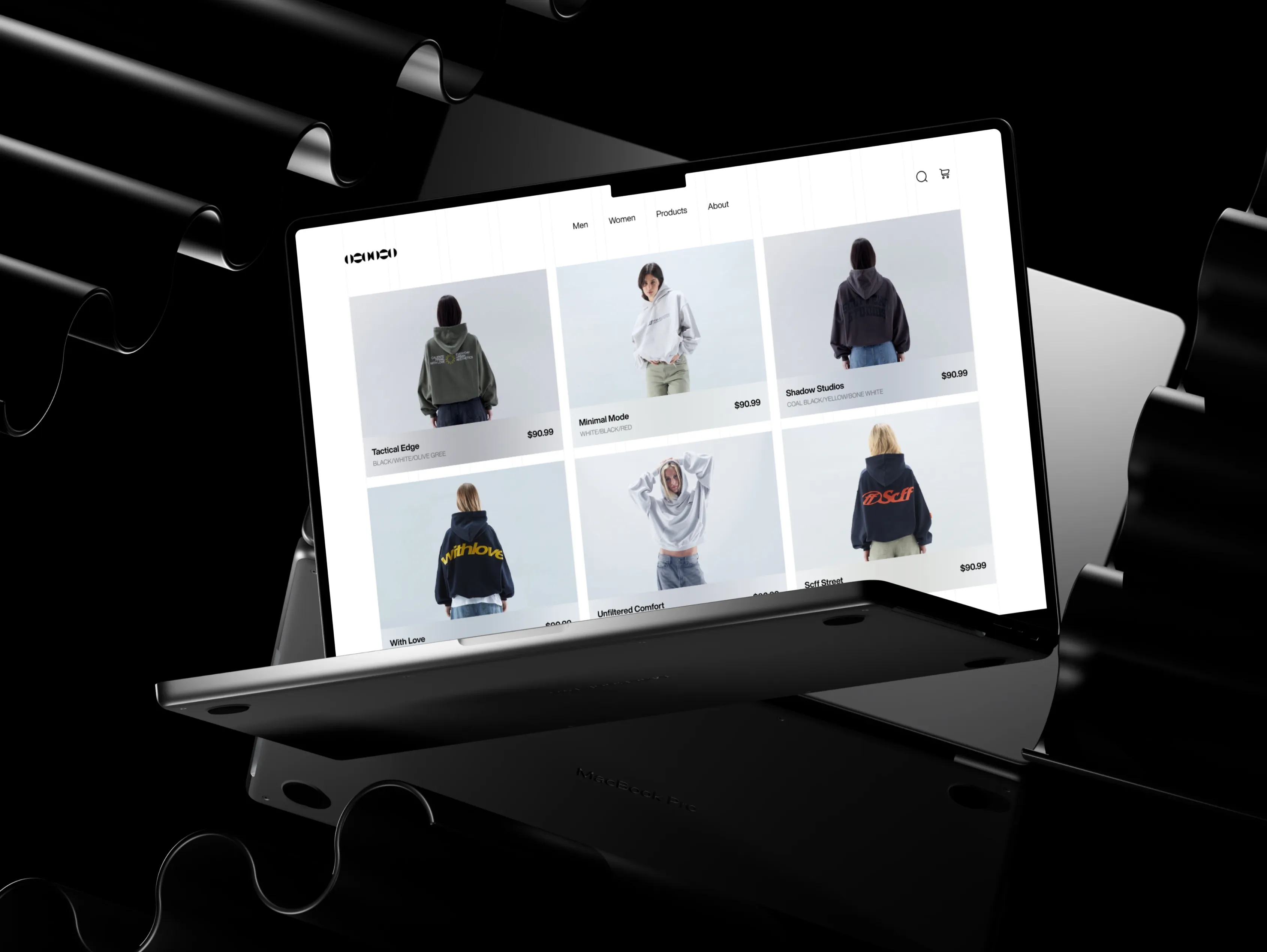 Clothing catalog with consistent product photography, names, colors, and prices