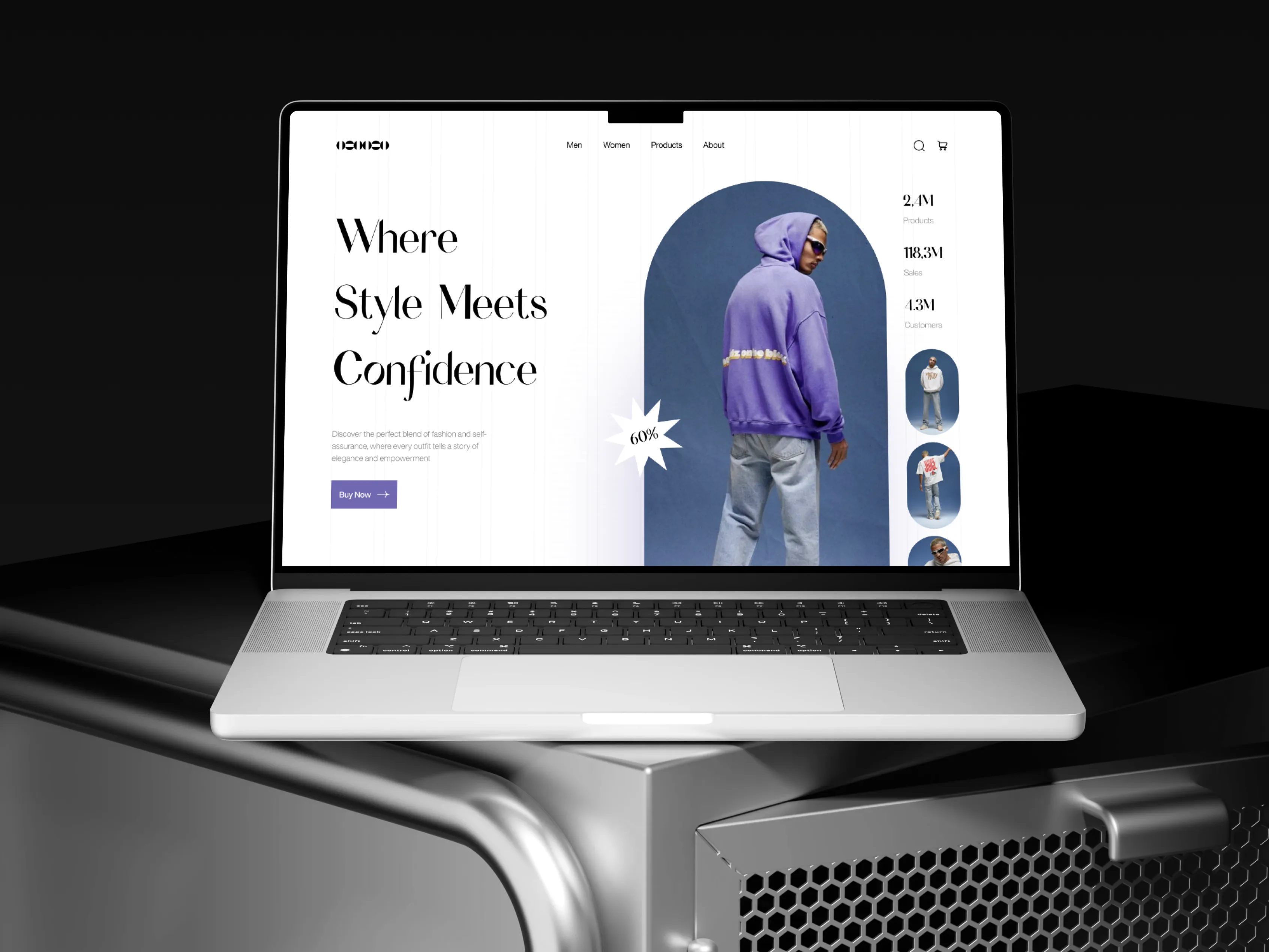 Fashion campaign hero and shopping call to action displayed on a laptop