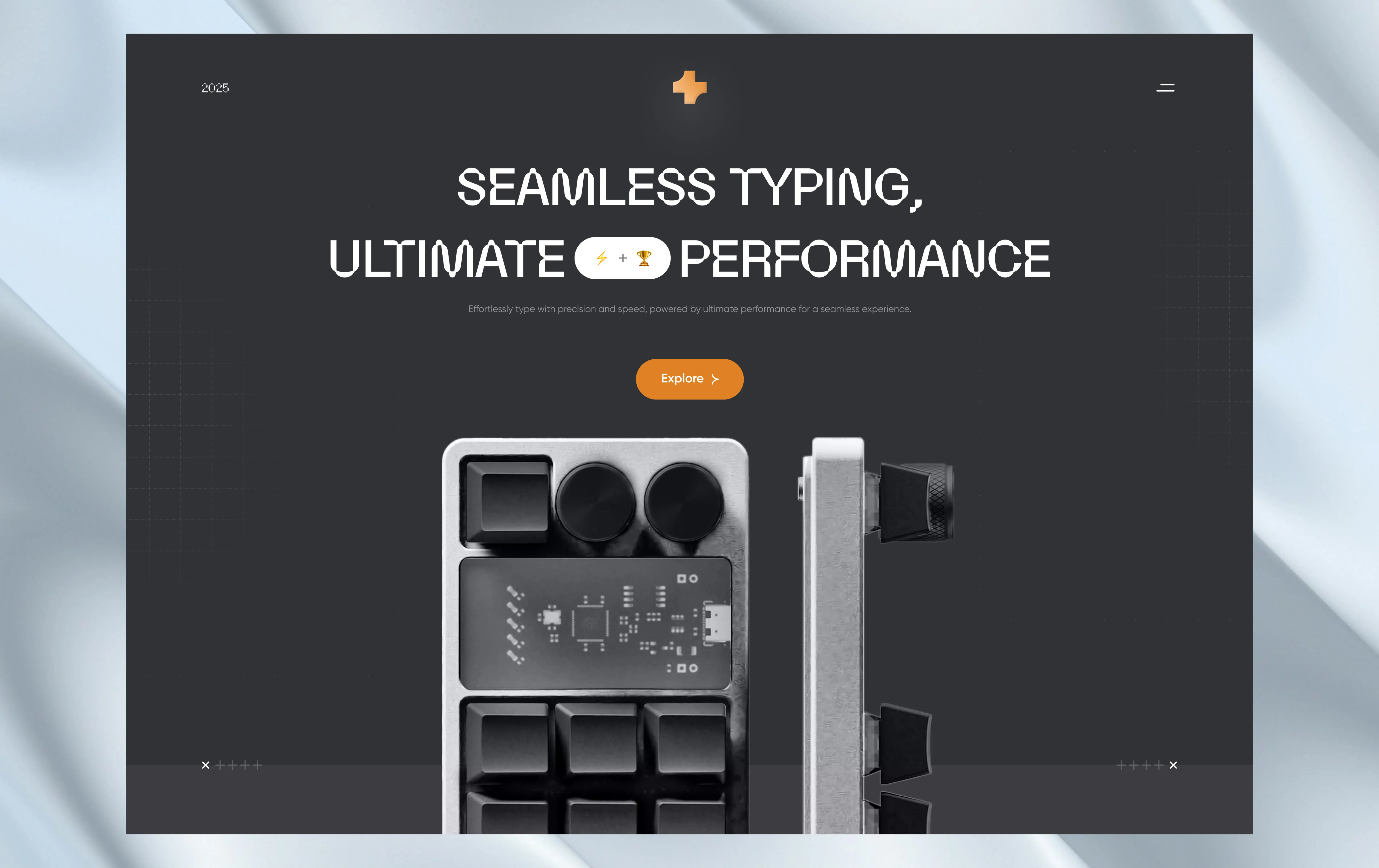 Macropad product landing page with a charcoal background and orange Explore button