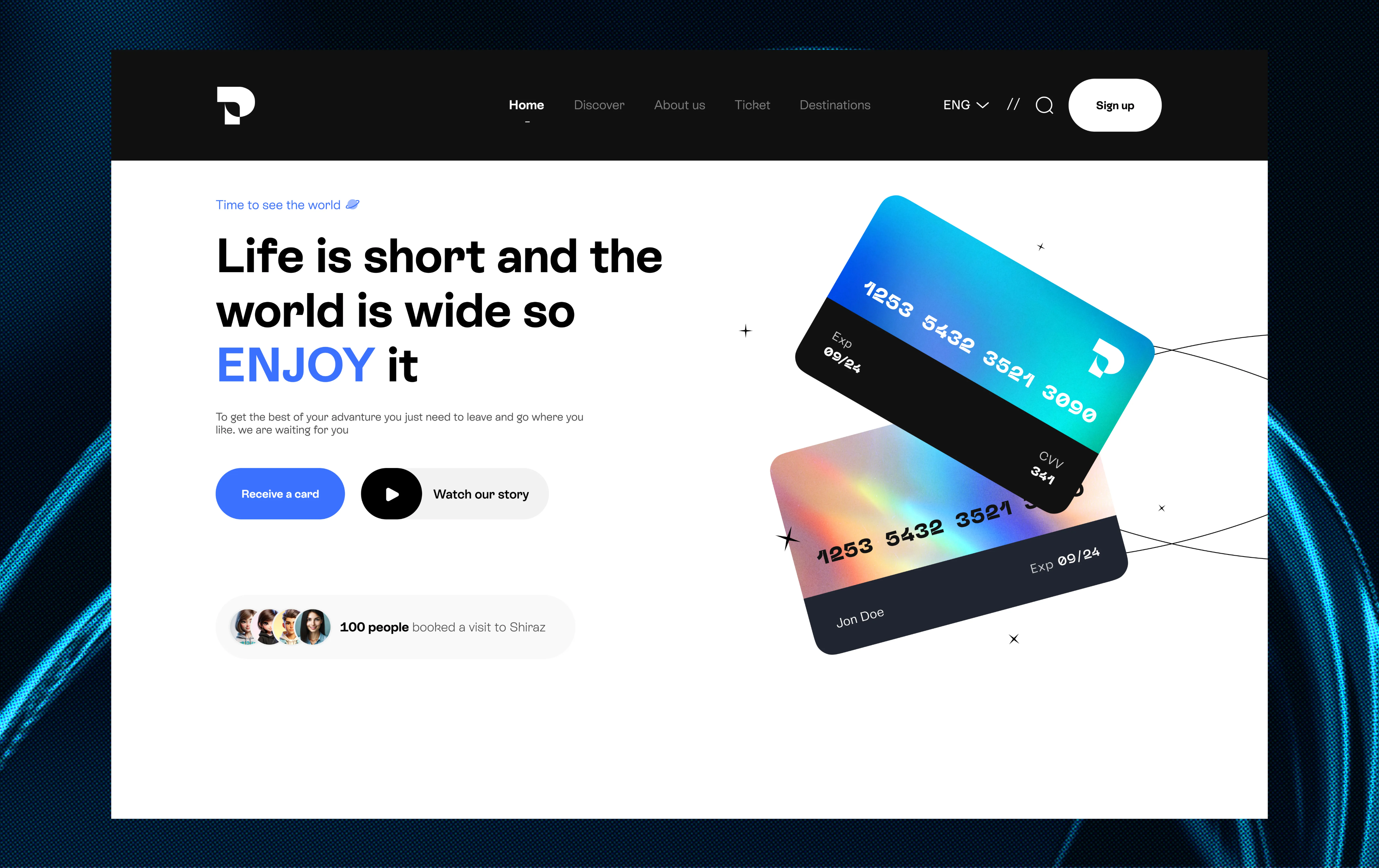 Travel and payment-card landing page with destination navigation and card sign-up
