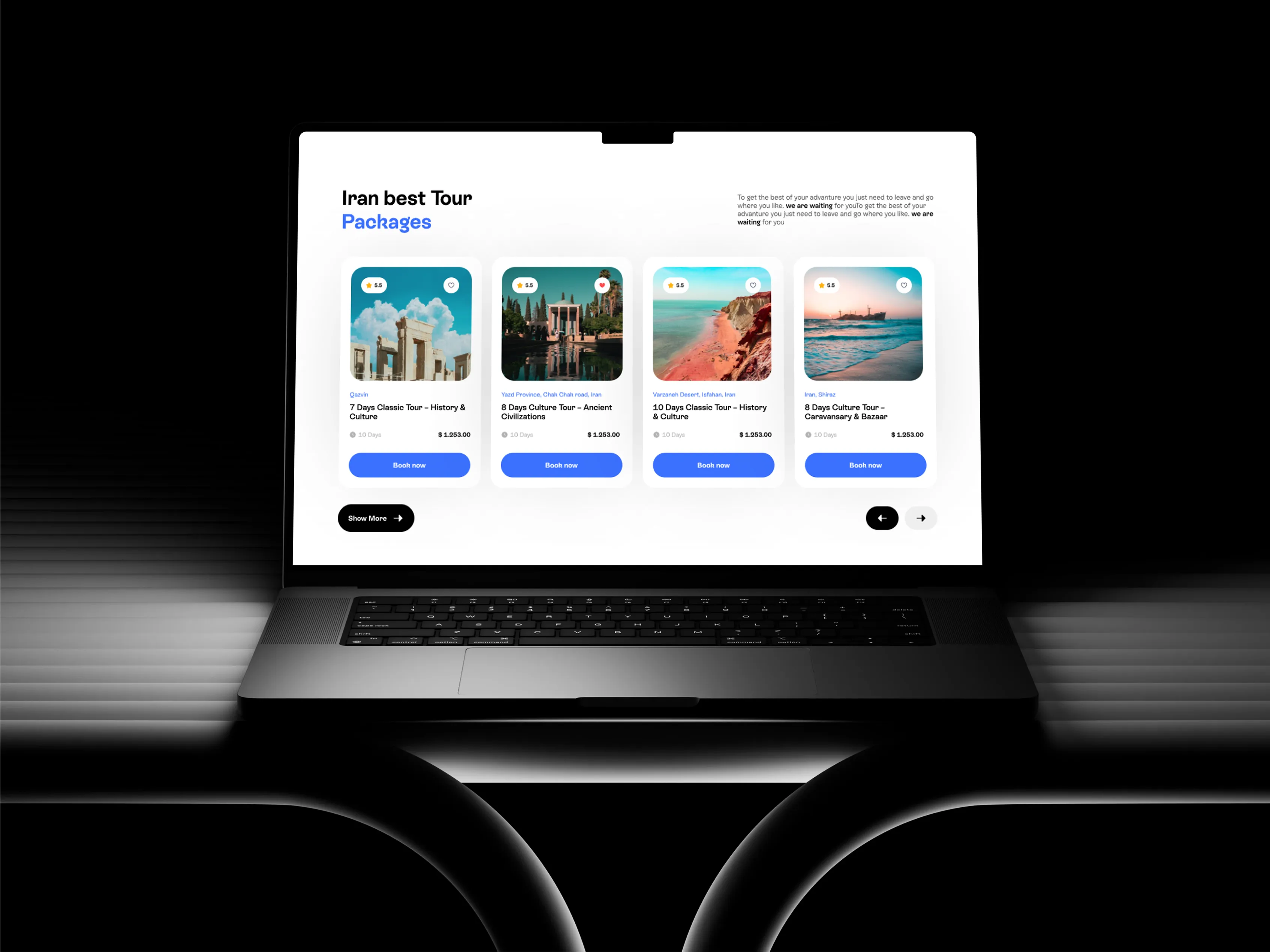 Iran tour packages with destination photography, duration, pricing, and booking buttons
