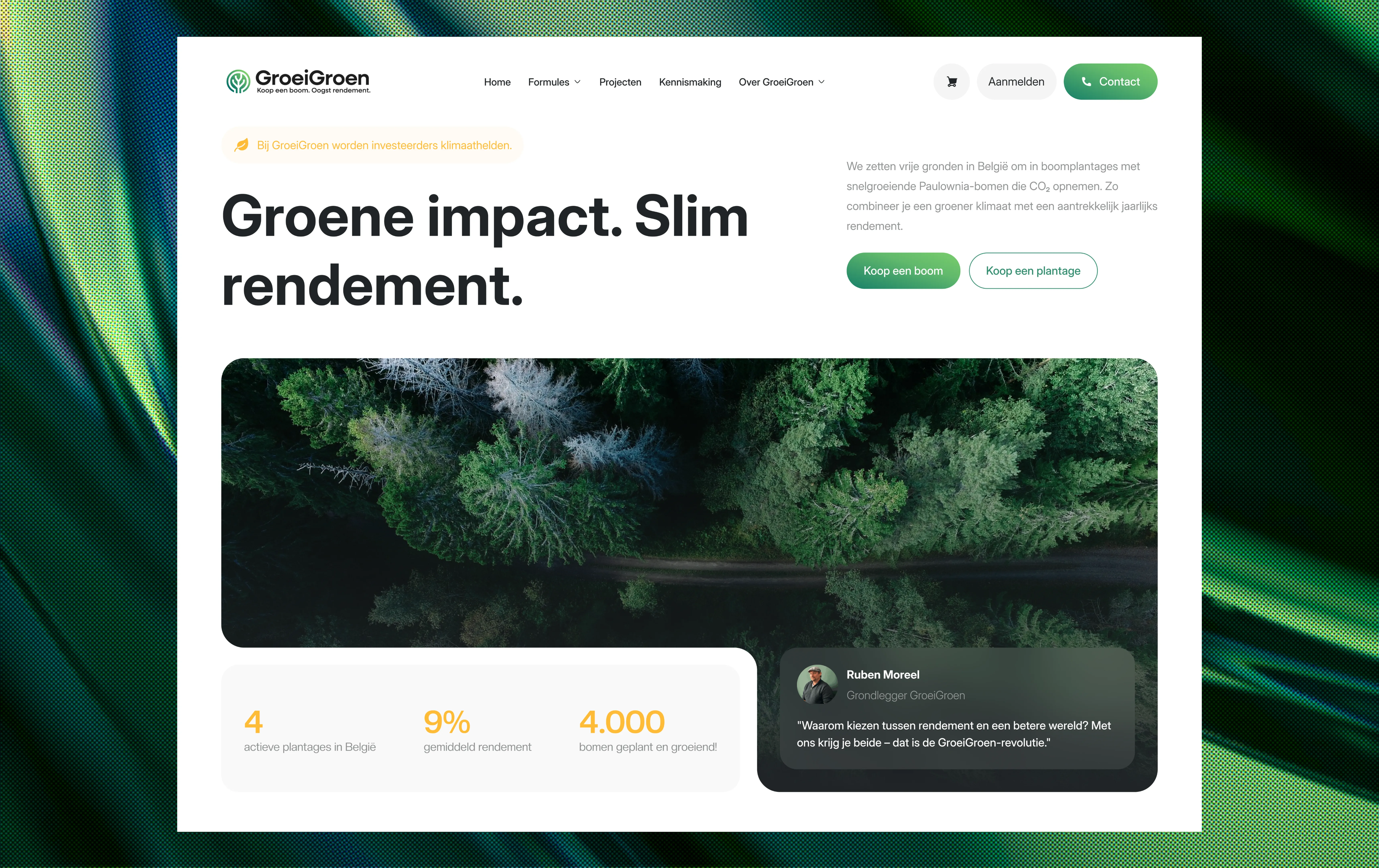 GroeiGroen Dutch-language tree investment homepage with forest imagery