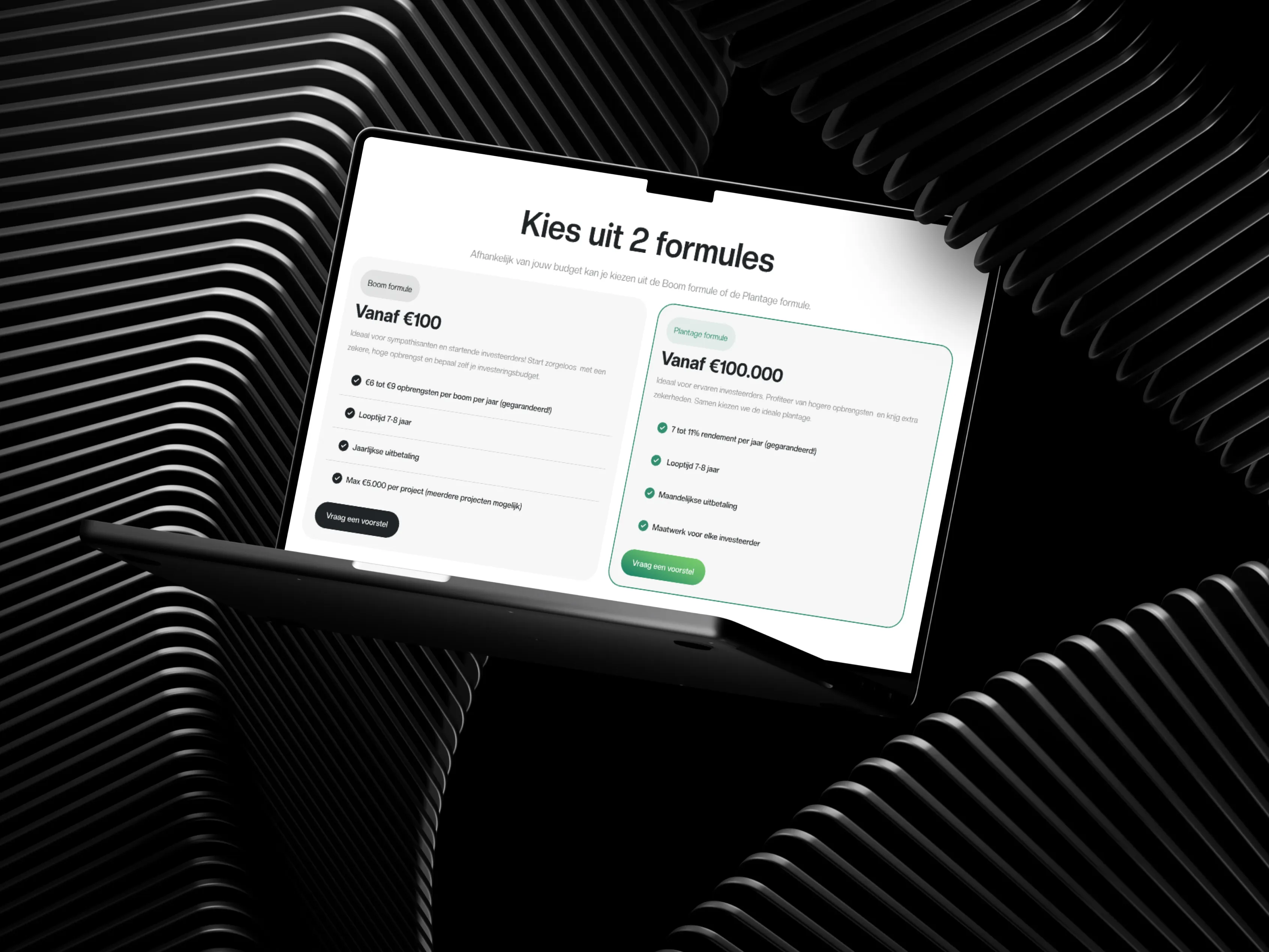 Tree and plantation investment options arranged in a side-by-side comparison