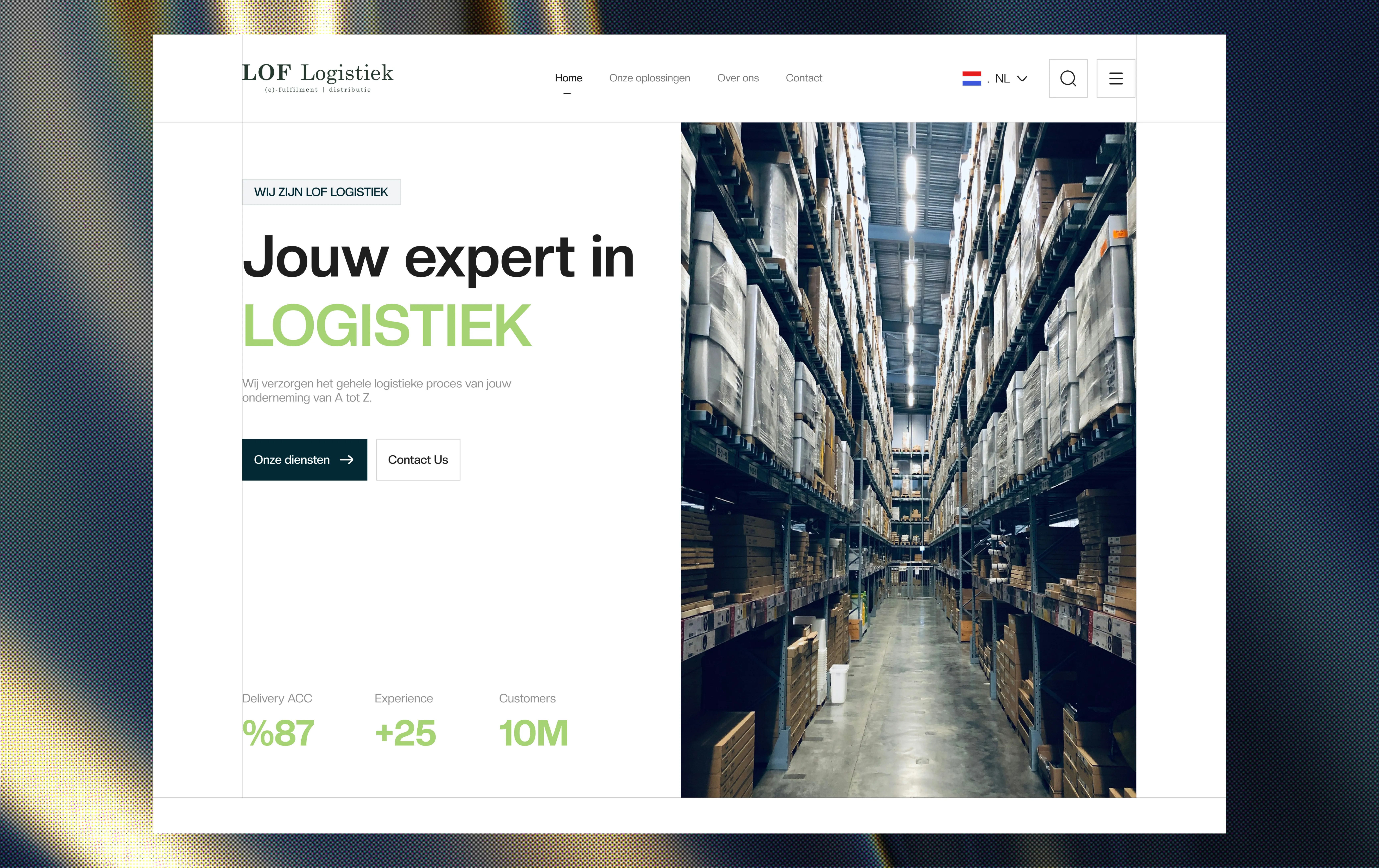 LOF Logistiek homepage with warehouse photography and service navigation