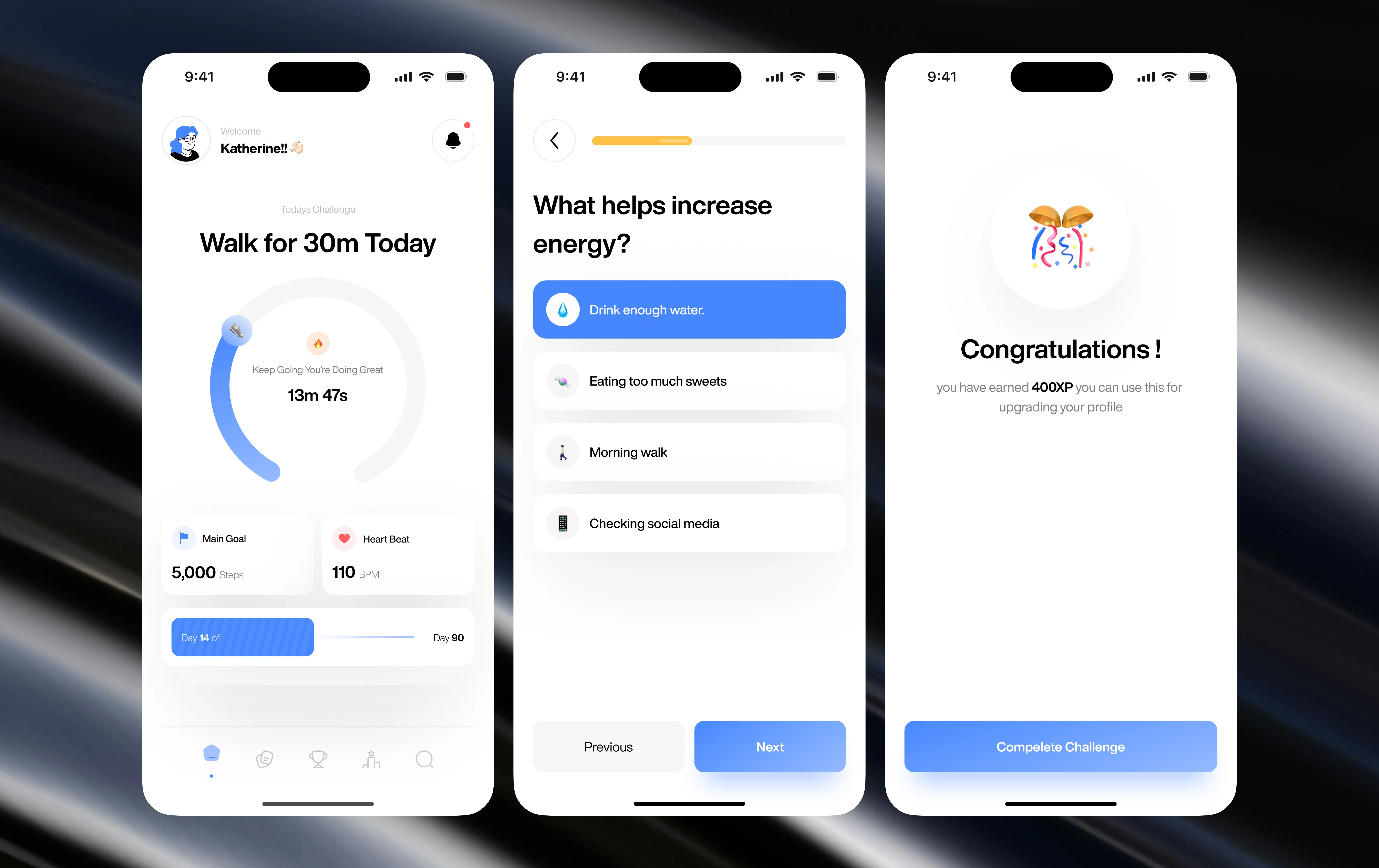 Activity Tracker dashboard, wellness quiz, and challenge reward screens