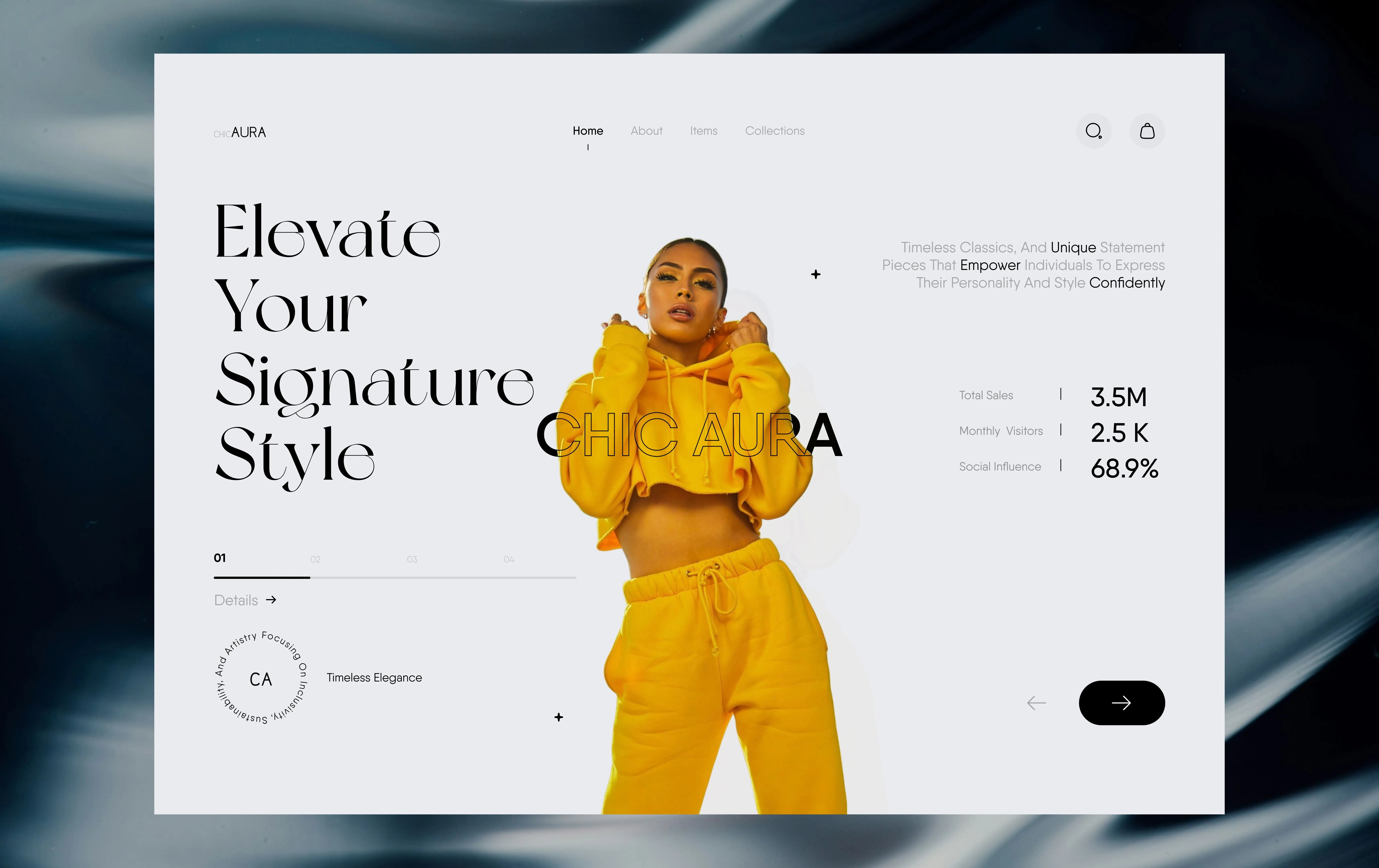Chic Aura fashion landing page with editorial typography and a yellow featured outfit
