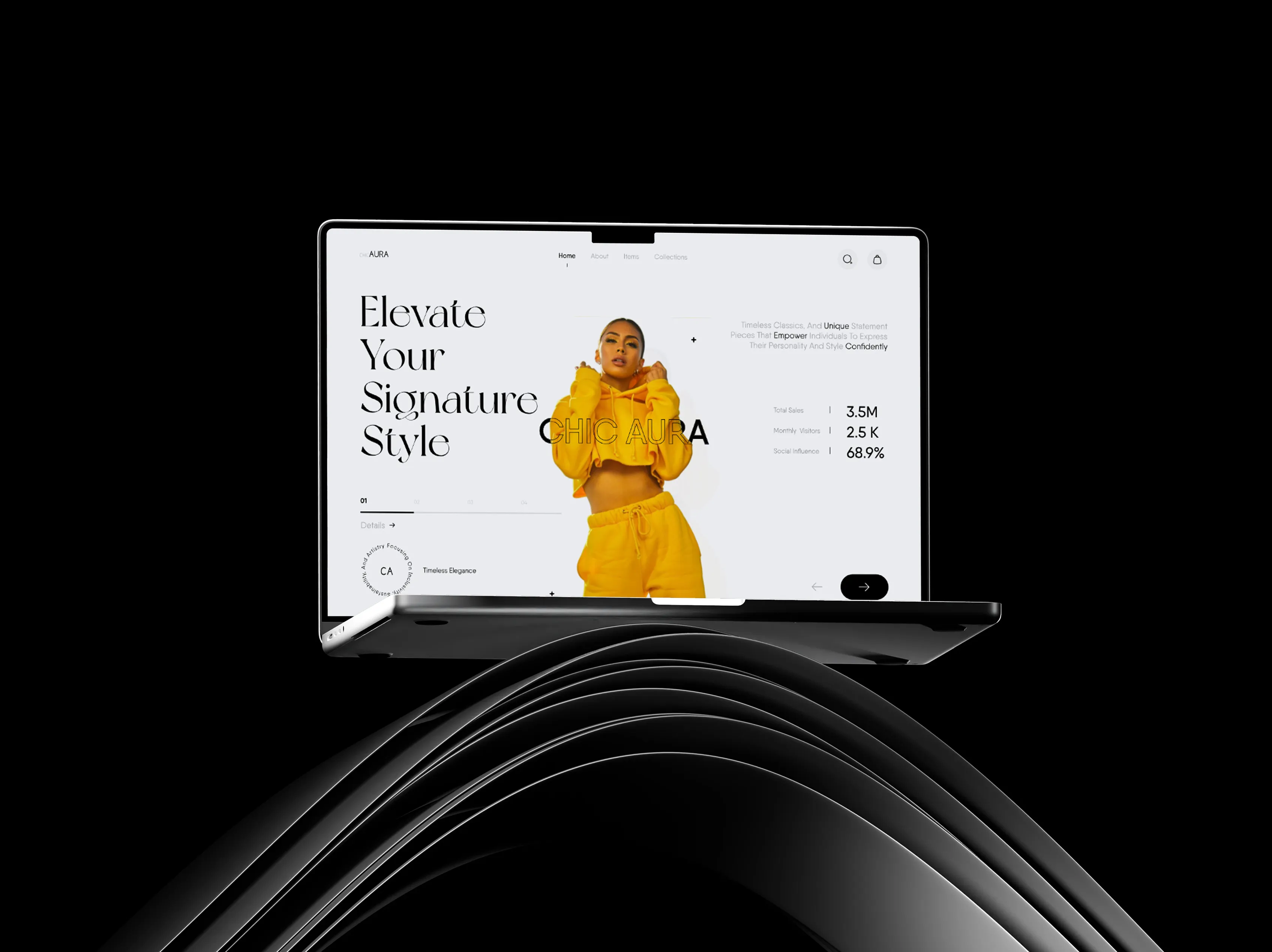 Chic Aura collection-led homepage displayed on a front-facing laptop