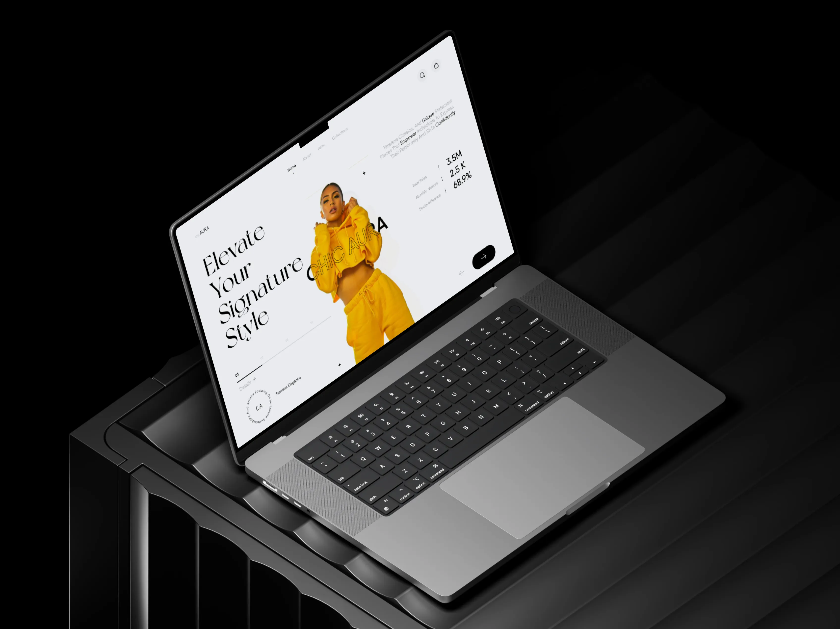 Chic Aura fashion campaign and collection controls displayed on an angled laptop