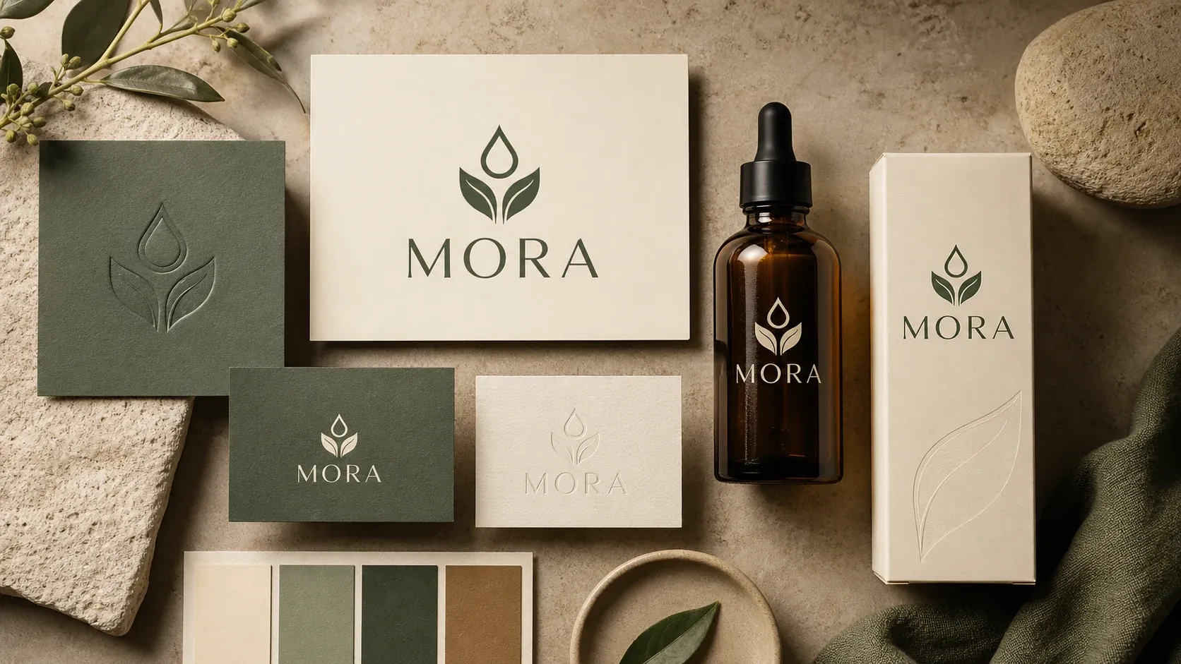 MORA botanical skincare identity with packaging, stationery, and color palette