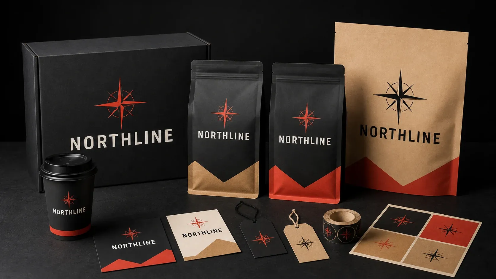 NORTHLINE specialty coffee identity across bags, cups, labels, and shipping packaging